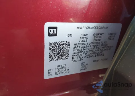 2024 Chevrolet Trax Fwd 1Rs z USA, uszkodzony, nr VIN KL77LGE22RC147051